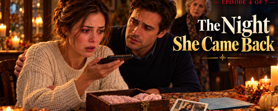 Emily listens to Ruth's phone call beside Daniel while Margaret watches across the Thanksgiving table.