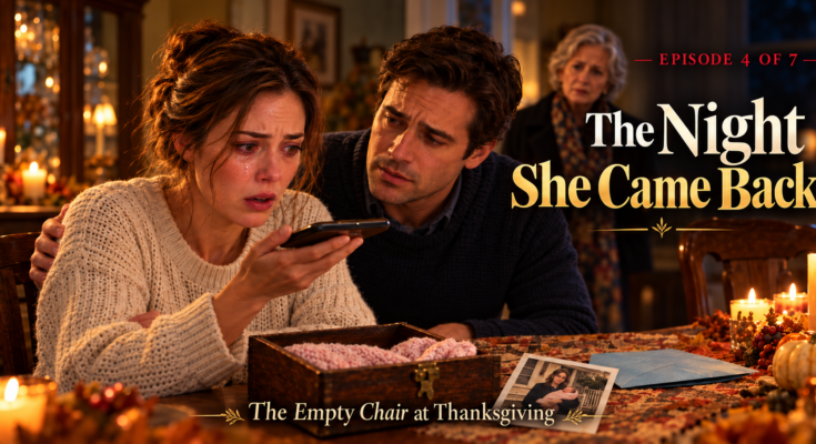 Emily listens to Ruth's phone call beside Daniel while Margaret watches across the Thanksgiving table.